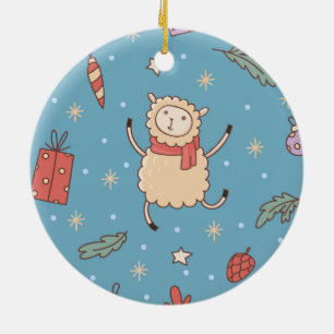 Ornement Rond En Céramique Agneau mignon de Noël