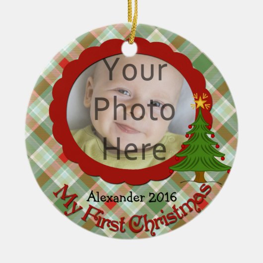 Ornement Rond En Céramique Agréable Plaid Baby's First Christmas Ornament (Devant)
