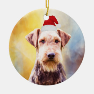 Ornement Rond En Céramique Airedale Chien Noël Santa Hat Art Portrait