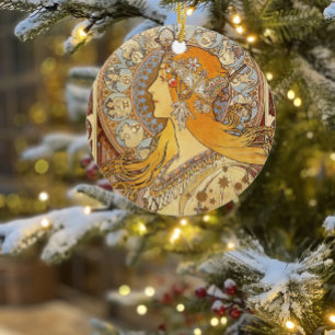 Ornement Rond En Céramique Alfonse Mucha Zodiaque Art Nouveau Femme