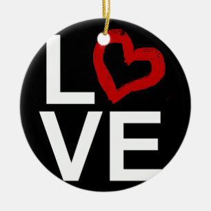 Ornement Rond En Céramique AMOUR, noir et blanc avec le coeur esquissé rouge