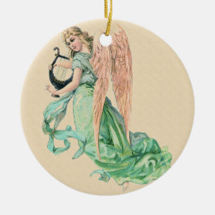 Ornement Rond En Céramique Ange à Noël de la harpe