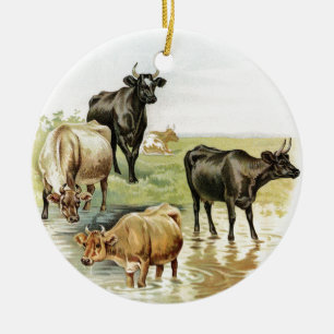 Ornement Rond En Céramique Animaux de ferme vintage vaches