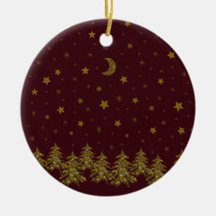 Ornement Rond En Céramique Arbre de Noël en or brillant, lune, étoiles sur ro