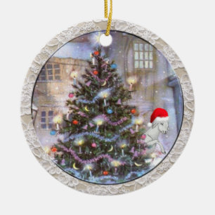 Ornement Rond En Céramique Arbre de Noël et chèvre à Santa Hat