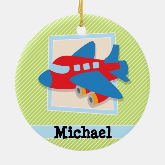 Ornement Rond En Céramique Avion sur Lime Green & White Stripes (Dos)