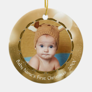 Ornement Rond En Céramique Baby First Christmas Gold Bokeh Photo personnalisé