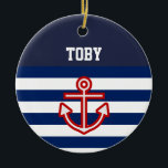 Ornement Rond En Céramique Bandes blanches de la marine nautique personnalisé<br><div class="desc">Superbe style marin intemporel avec ancre. Convient à la décoration de la chambre pour enfants. Personnalisable à Zazzle avec votre propre texte pour un design personnalisé. Consultez mon magasin pour trouver les articles correspondants !</div>
