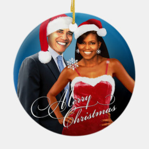 Ornement Rond En Céramique Barack et Michelle Père Noël Noël