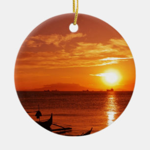 Ornement Rond En Céramique bateau et coucher du soleil