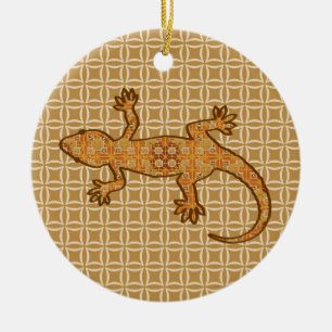 Ornement Rond En Céramique Batik tribal Gecko - rouille, ambre et bronze