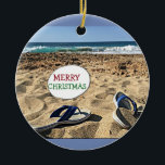 ORNEMENT ROND EN CÉRAMIQUE **BEACH GREETING** CHRISTMAS ORNAMMENT<br><div class="desc">**BEACH GREETINGS** CHRISTMAS ORNAMENT ET SI VOUS AIMEZ "CECI" VÉRIFIEZ MES CARTES DE REMPLACEMENT ET MES POSTAGES DE POSTAGE SI VOUS SOUHAITEZ ET MERCIEZ NOËL À "VOUS"</div>