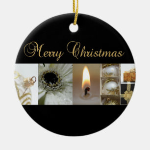 Ornement Rond En Céramique Black Collage Christmas, White and Gold