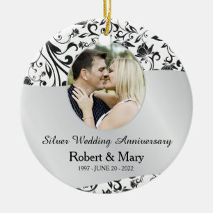 Ornement Rond En Céramique Black Swirl & Silver 25e anniversaire de Mariage