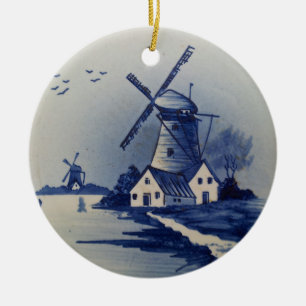 Ornement Rond En Céramique Bleu vintage et Delft blanc