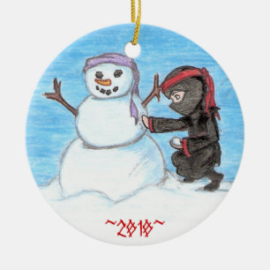 Ornement Rond En Céramique Bonhomme de neige de Ninja