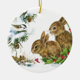 Ornement Rond En Céramique Bunnies et oiseaux Profitez de la neige