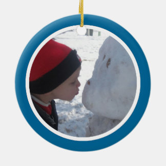 Ornement Rond En Céramique Cadre bleu et blanc de photo - bilatéral