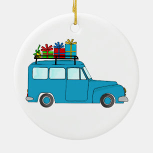 Ornement Rond En Céramique Camion de Noël bleu avec cadeaux