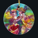 ORNEMENT ROND EN CÉRAMIQUE CARNIVAL DANCE<br><div class="desc">Colorful , elegant and vibrant fine art design with romantic carnival dancers :Whimsical dance figures, beautiful blonde woman in feathered sparkling costumes is dancing with a young Harlequin. Watercolor painting in bright pink, fuchsia, green, red, blue, yellow colors , gold sparkles inspired from Comedy of Art (Commedia dell'arte ) and...</div>
