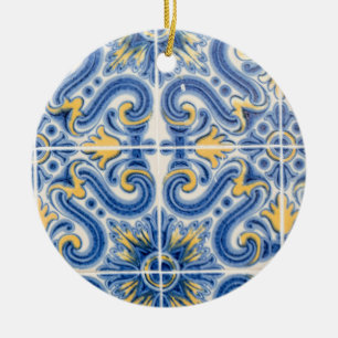 Ornement Rond En Céramique Carreau bleu et jaune, Portugal