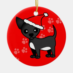 Ornement Rond En Céramique Casquette noir mignon de Père Noël de chiwawa -