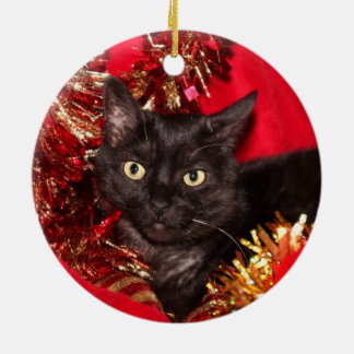 Ornement Rond En Céramique Chat chaton noir Noël