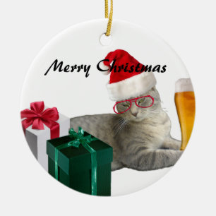 Ornement Rond En Céramique Chat de Père Noël de Noël branché avec bière