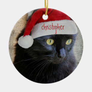 Ornement Rond En Céramique Chat mignon de Noël, dos noir, nom