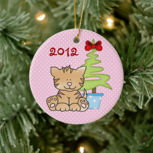 Ornement Rond En Céramique Chat mignon personnalisé et sapin de Noël rose