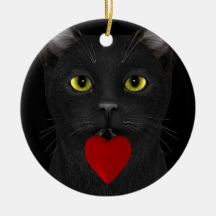 Ornement Rond En Céramique Chat Noir Apportant Un Présent
