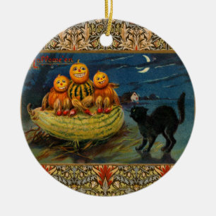 Ornement Rond En Céramique Chat noir vintage Halloween Citrouille
