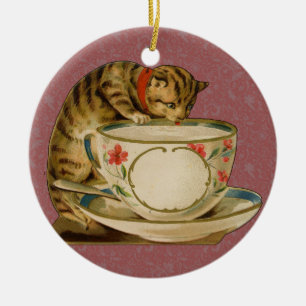 Ornement Rond En Céramique Chat Tasse à Thé Mignon Vintage Victorien Animal C
