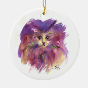 ORNEMENT ROND EN CÉRAMIQUE CHATON VIOLET, PORTRAIT DE CHAT