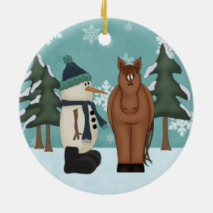 Ornement Rond En Céramique Cheval Brown mignon et Snowman amusant