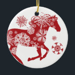 Ornement Rond En Céramique Cheval de Noël aux flocons rouges et blancs<br><div class="desc">pour les produits correspondants,  veuillez contacter le concepteur à l'adresse www.ThePaintingPony.com</div>