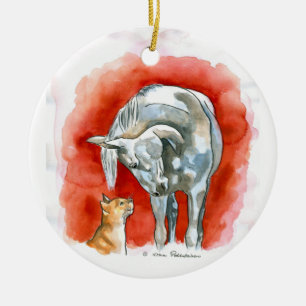 Ornement Rond En Céramique Cheval et chat