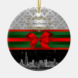 Ornement Rond En Céramique Chicago Skyline Silver White Damask #3 Bow Xmas