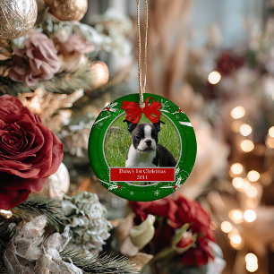 Ornement Rond En Céramique Chien-chaton 1er Noël Rouge Vert Vallée Berries