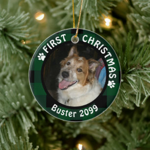 Ornement Rond En Céramique Chien premier Noël 2 photos Vert et Noir Plaid