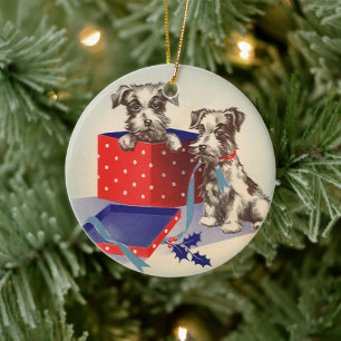 Ornement Rond En Céramique Chiens Chiots mignons, Voeux de Noël Vintage