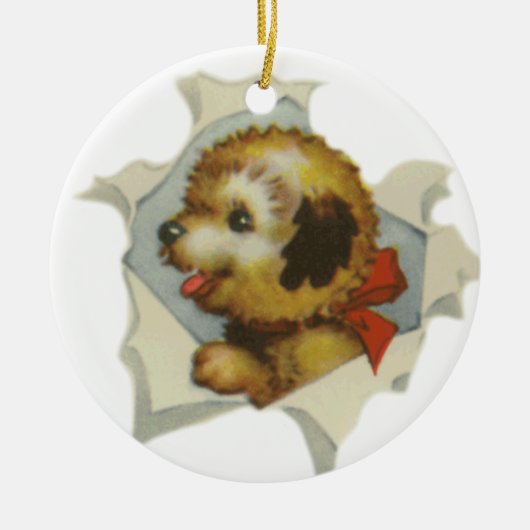 Ornement Rond En Céramique chiot en papier déchiré (Devant)