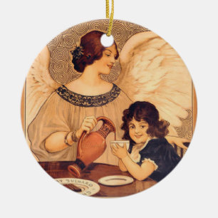 Ornement Rond En Céramique Chocolat Ange Français Antique