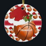 Ornement Rond En Céramique Christmas Sport Basketball Santa Hat<br><div class="desc">🥇AN ORIGINAL COPYRIGHT ART DESIGN by Donna Siegrist ONLY AVAILABLE ON ZAZZLE! Basketball ornament ready for you to personalize. Makes a great personalized gift for a basketball player. ✔NOTE: ONLY CHANGE THE TEMPLATE AREAS NEEDED! 😀 If needed, you can remove the text and start fresh adding whatever text and font...</div>
