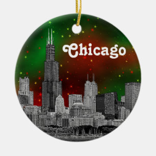 Ornement Rond En Céramique Ciel étoilé de Noël rouge et vert avec Chicago gra