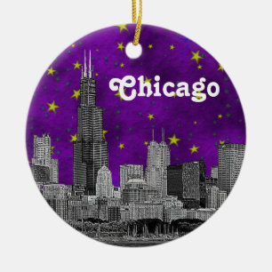 Ornement Rond En Céramique Ciel étoilé violet avec Chicago en gravure