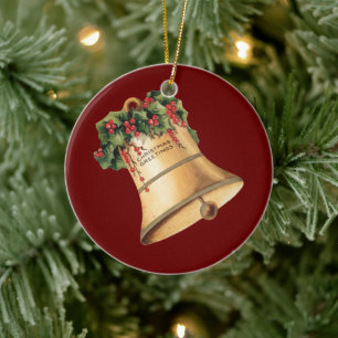 Ornement Rond En Céramique Cloches d'or de Noël Vintage, Bonnes Fêtes