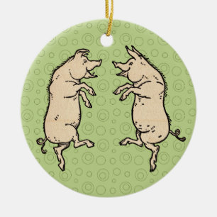 Ornement Rond En Céramique Cochons Antiques Dansants : Jig de Cochonnet Fanta