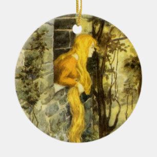 Ornement Rond En Céramique Conte de fées vintage, Rapunzel avec cheveux longs