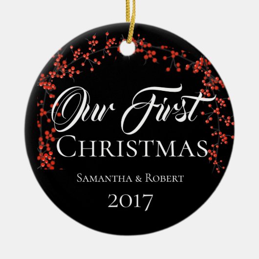 Ornement Rond En Céramique Couples Premier Noël avec nom Date (Devant)